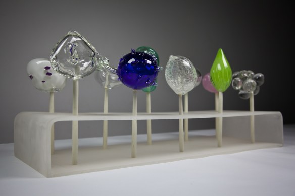 Pollen pop? 2010 Blown glass, lucite 52cm x 23cm x 23cm Photo: Dustin Miyakawa