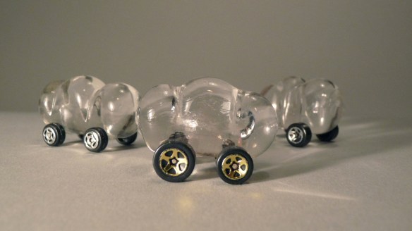 Cloud Wheels 2012 Sculpted glass, found object 4cm x 3cm x 2cm (each) Photo: Maggie McCain 